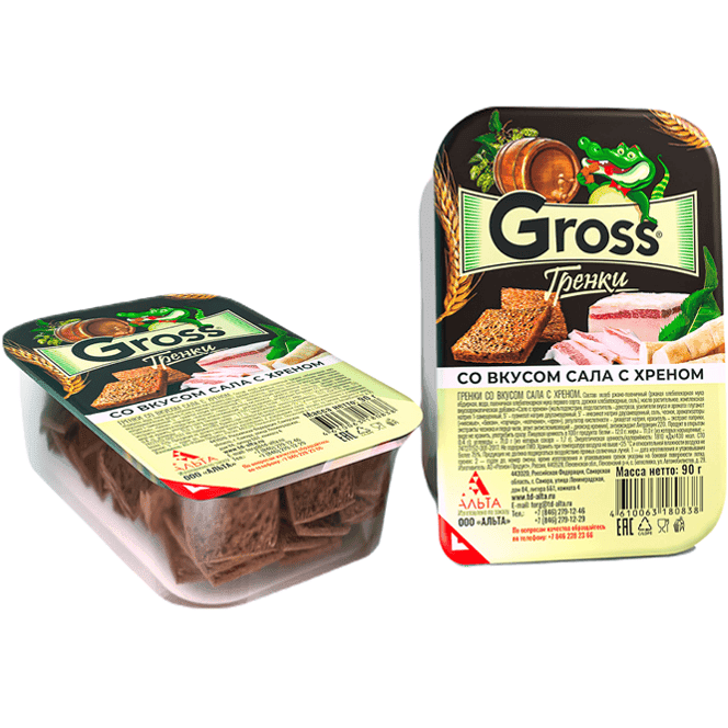 Гренки "Gross" 90 гр. контейнер, Сало с хреном Гренки "Gross" 90 гр. контейнер, Сало с хреном